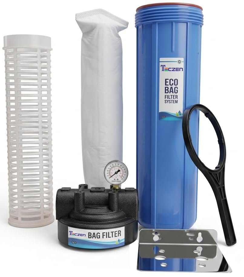 20 Inch Whole House Bag Filter System with Pressure Gauge & Mounting Bracket | 5 Micron Heavy Duty Water Sediment Filter Assembly | 1 Inch In-Out Ports for RO & Water Tank