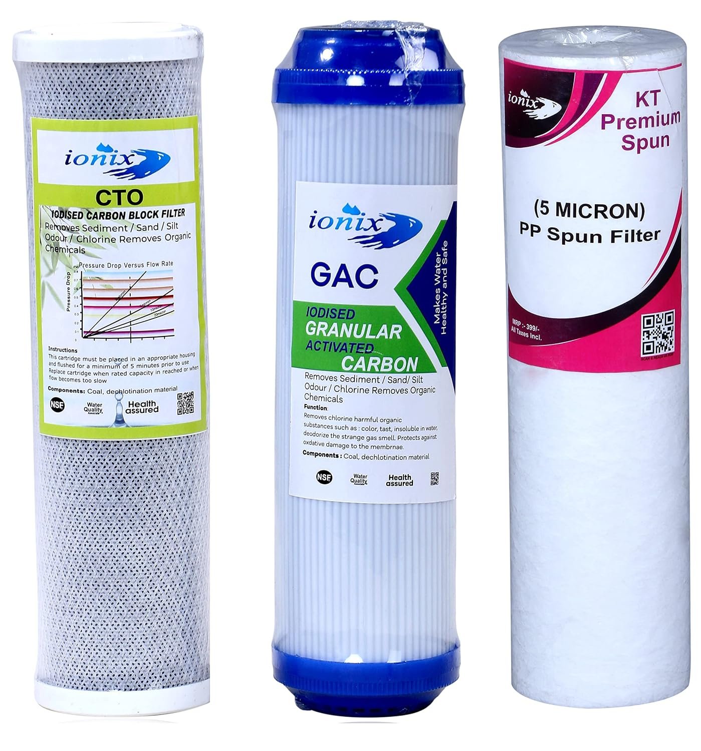 IONIX undersink ro filters set with 10 inch CTO, GAC and Spun, Service kit for Undersink | under counter ro filter set, White