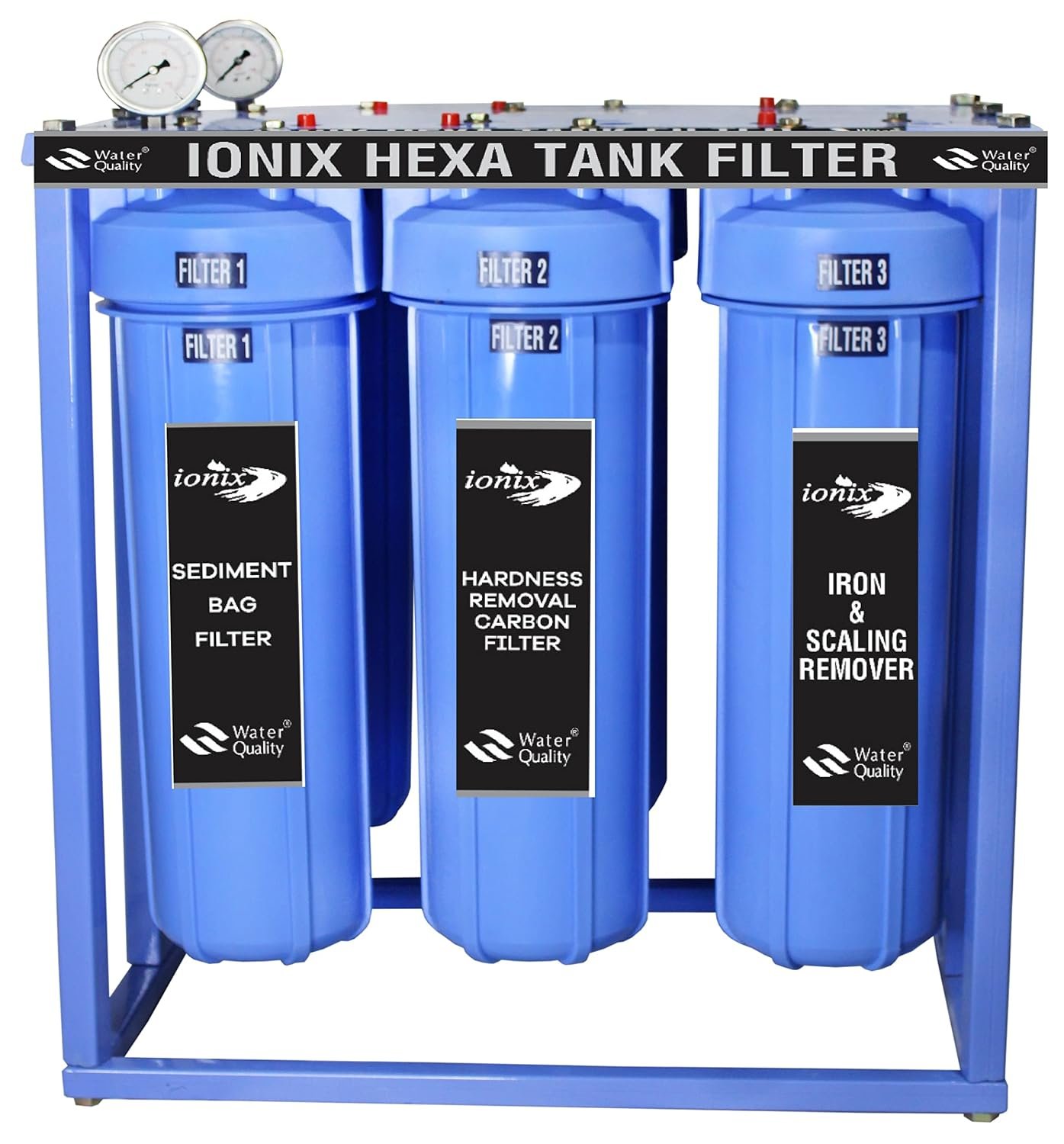 IONIX Hexa Tank filter with 6 German Filter housings, 10000 Liters per day filteration capacity, For sediment, Hardness & salt filteration, 1 Set, Blue