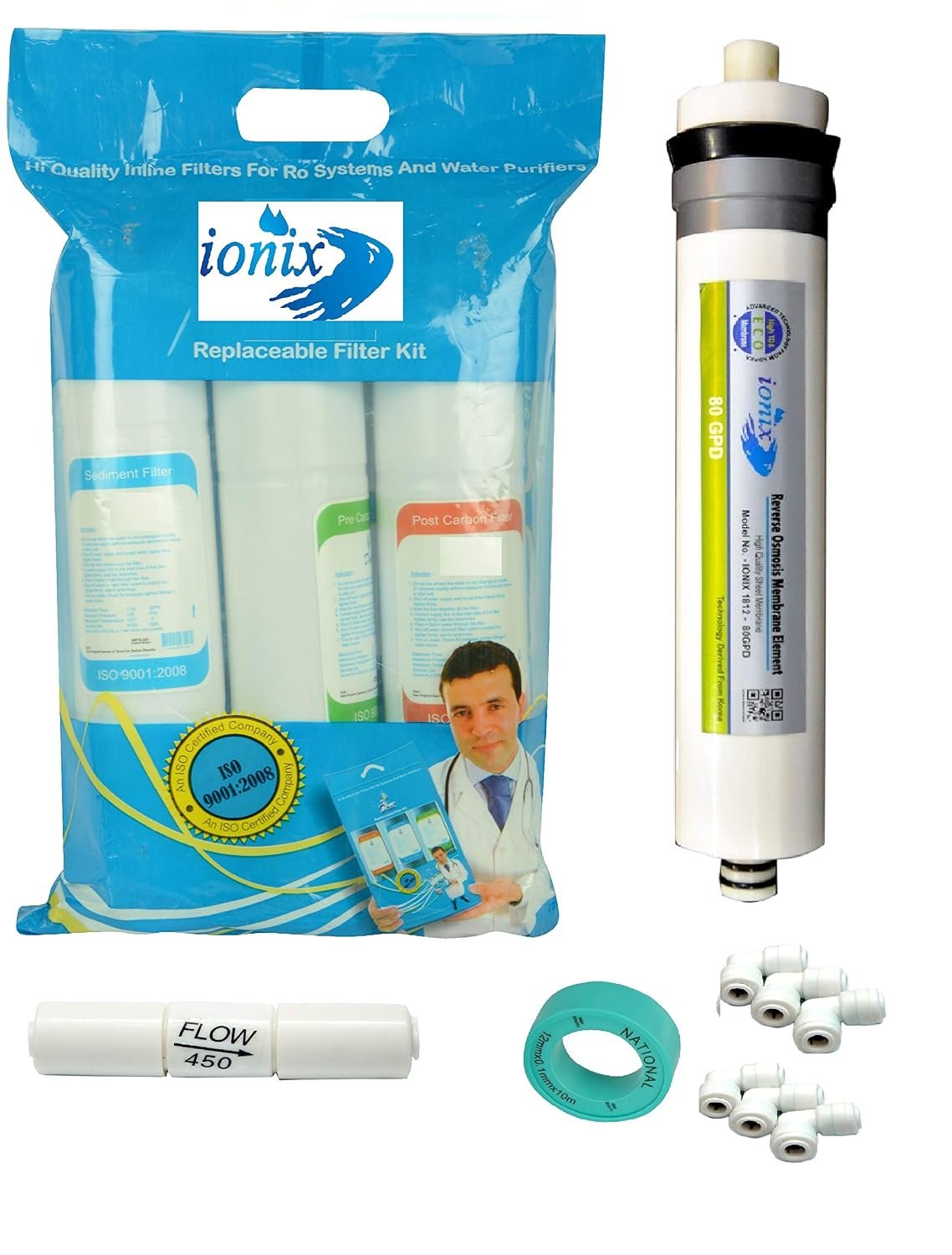 Ionix Ro Service kit with RO Membrane 80 GPD, Carbon Filter & Sediment Filter for ro Water Purifier, White